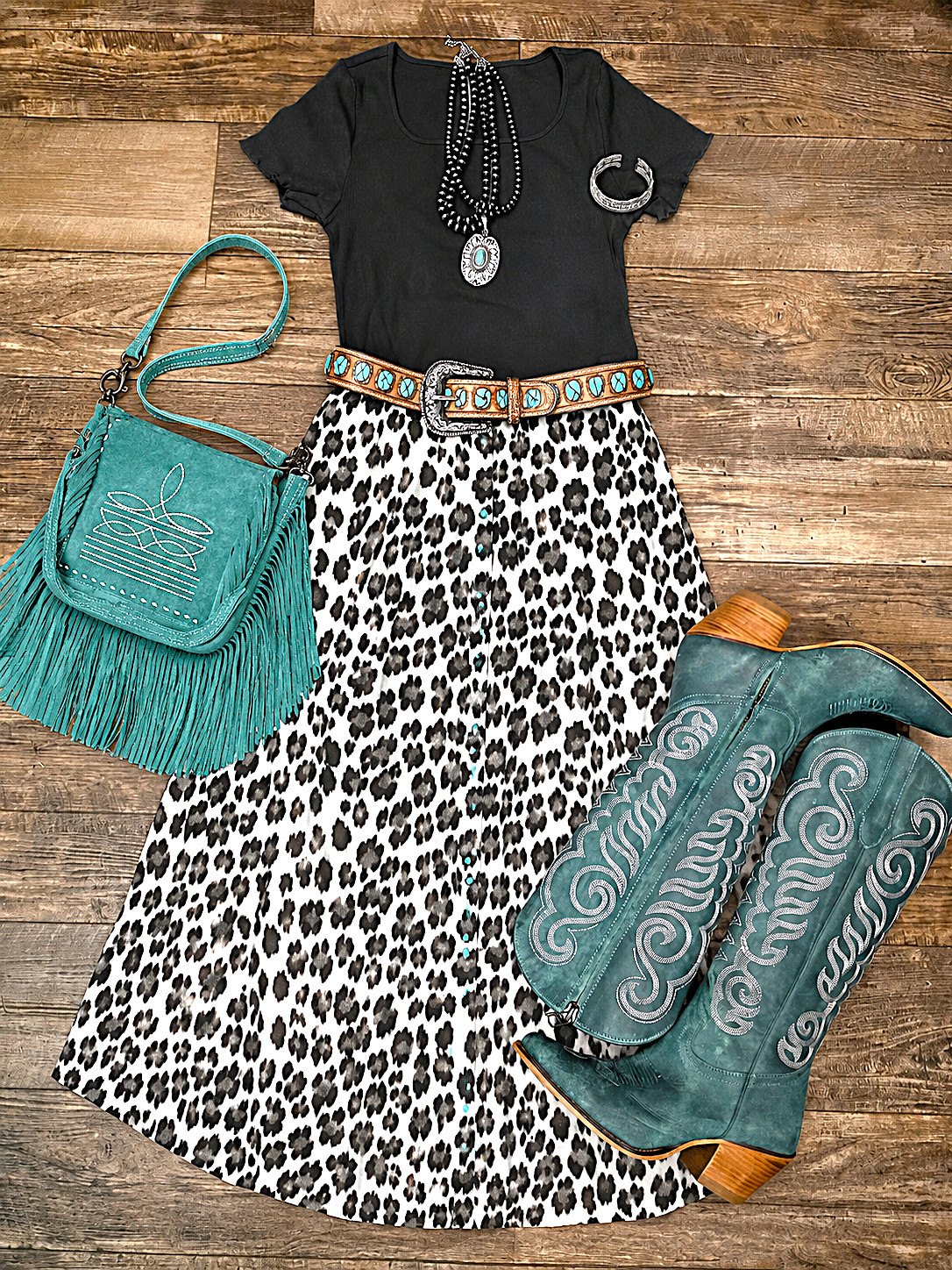 Turquoise Snap Leopard Skirt
